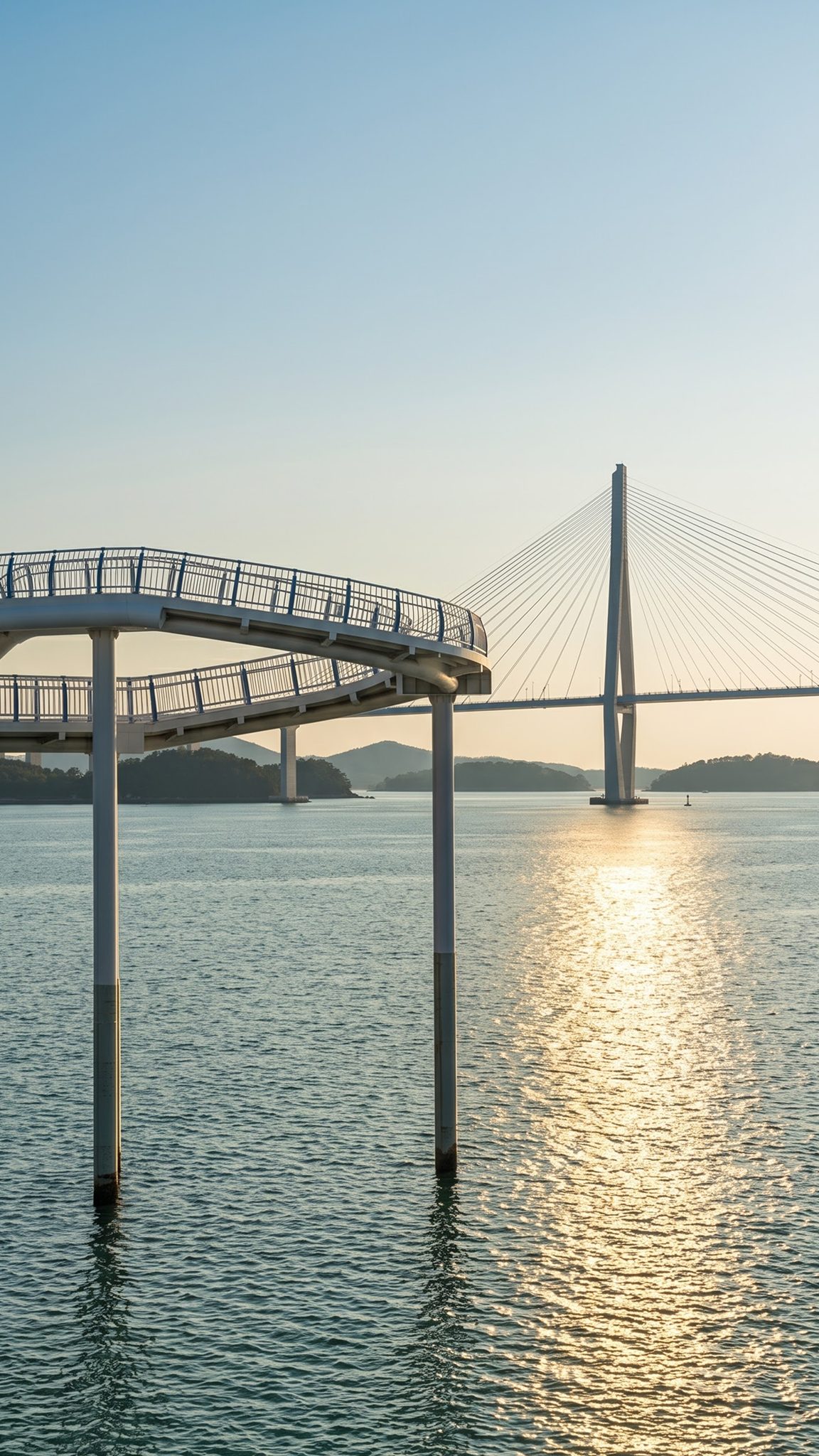Mokpo Skywalk deck reaching over the harbour at sunset