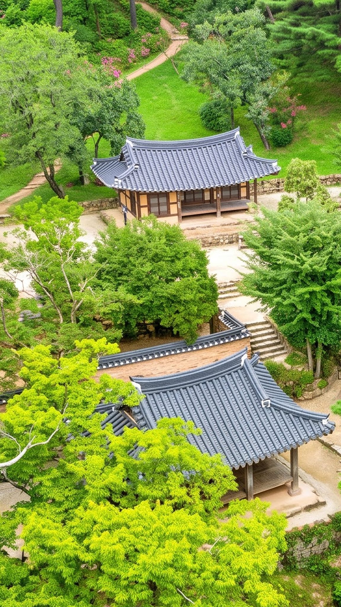 Wooden pavilion of Soswaewon garden among trees