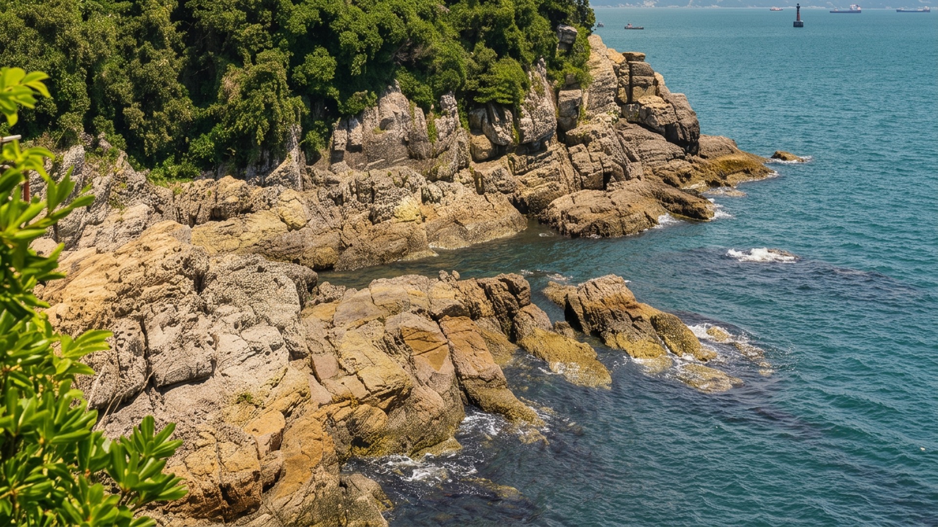 Cliffside temple on a wooded island above the southern sea